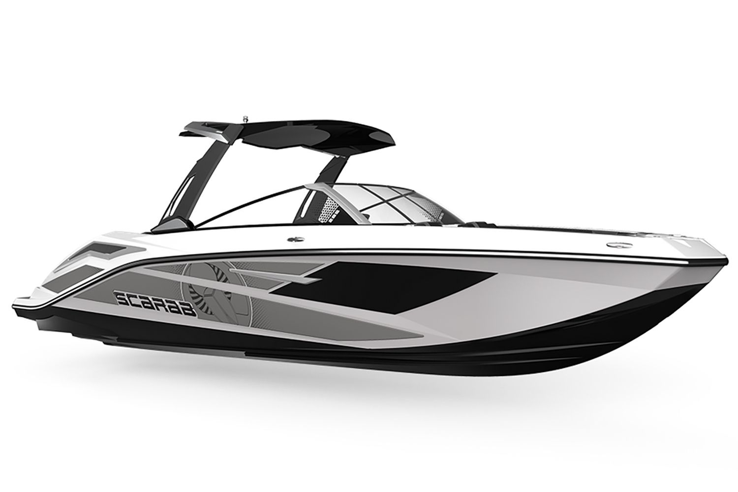 Scarab 285 LX 2025 Scarab 285 LX boat, sleek design, black and white color scheme, modern features.