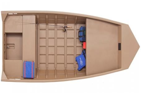 G3 Gator Tough Loose 1548 VBW 2025 G3 Gator Tough Loose 1548 VBW boat, top view, beige interior, storage compartments.