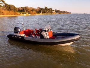 Ribeye A683 25% share Ribeye A683 boat on calm water, 2022 model, with red seating and scenic shoreline background.