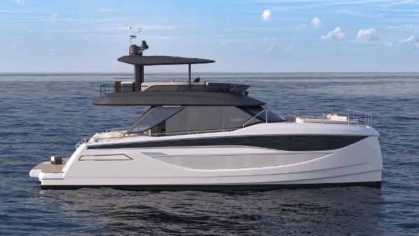 Prestige M7 Luxury Prestige M7 yacht cruising on open sea, 2025 model.