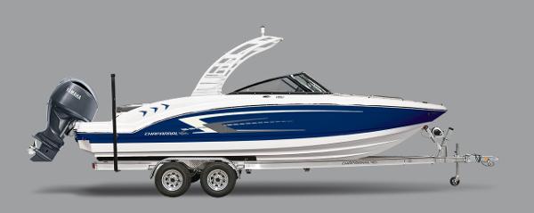 Chaparral 21 SSi OB 2025 Chaparral 21 SSi OB boat on trailer, blue and white design, side view.
