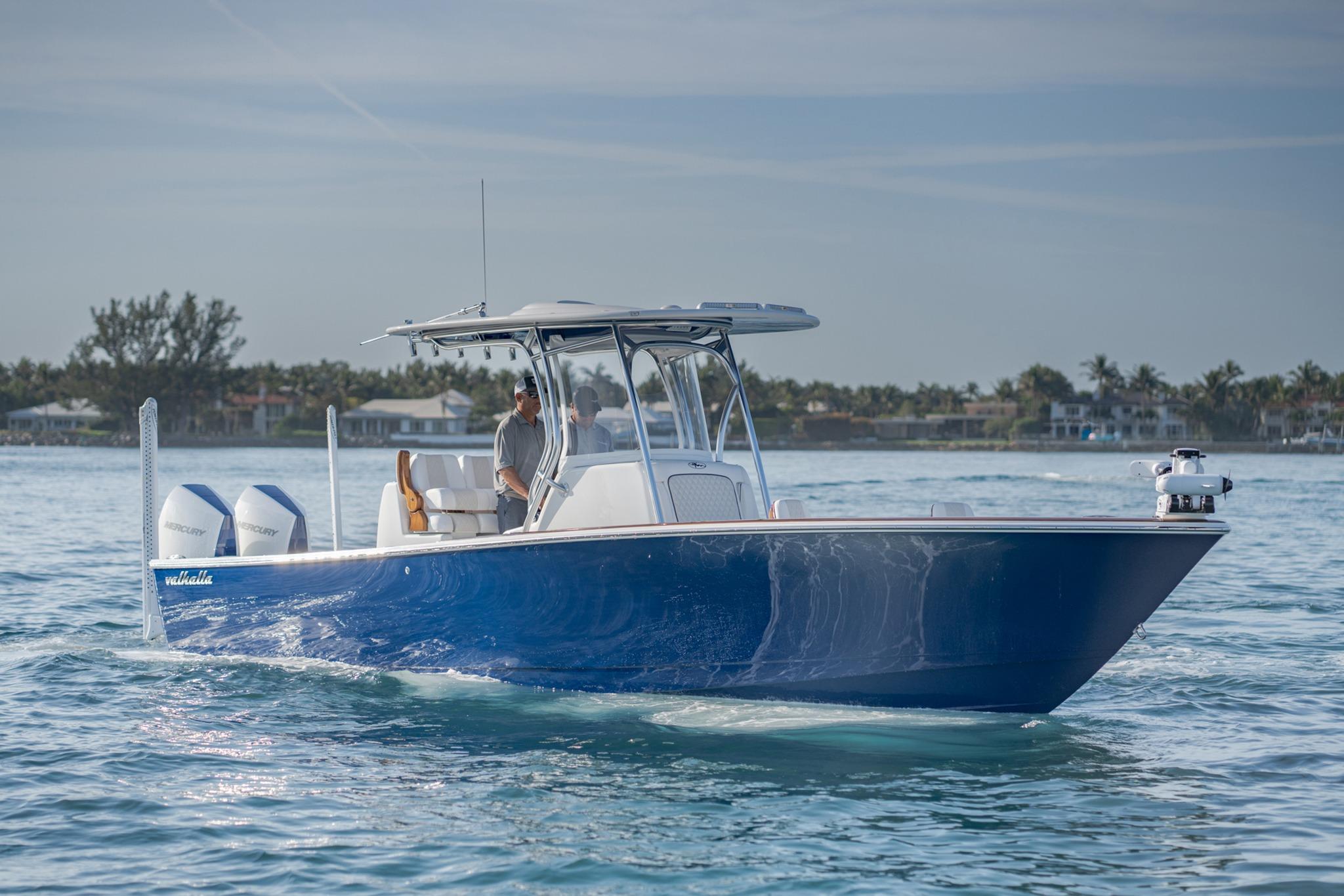 Valhalla Boatworks V-29 Hybrid 2026 Valhalla Boatworks V-29 Hybrid cruising on calm waters, showcasing sleek design.