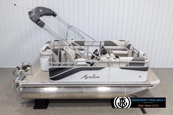 Avalon VENT CR 2025 Avalon VENT CR pontoon boat with canopy, sleek design, and comfortable seating.