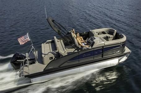 Barletta Corsa Ultra-Lounge 23UCA 2025 Barletta Corsa Ultra-Lounge 23UCA pontoon boat cruising on water with American flag.