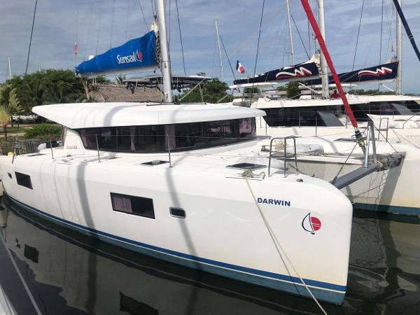 Lagoon 42 2020 Lagoon 42 catamaran docked at marina.