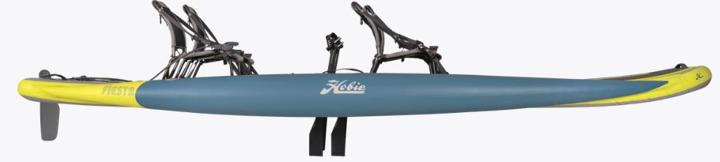 Hobie Fiesta DLX PKG 2021 Hobie Fiesta DLX PKG kayak, blue and yellow design, side view.