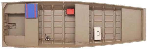 G3 Gator Tough 1436 2024 G3 Gator Tough 1436 boat interior with storage compartments and fishing gear.