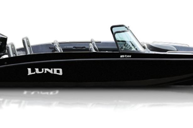 Lund 189 Tyee GL 2026 Lund 189 Tyee GL boat, sleek black design, side view.