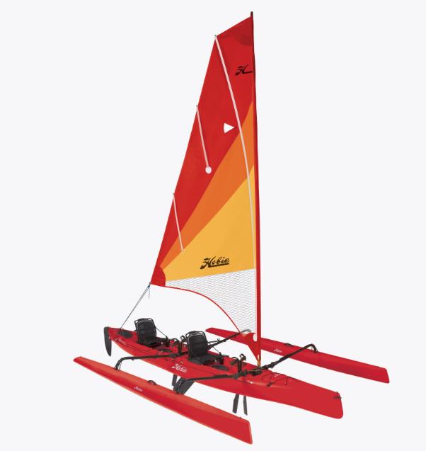 Hobie TNDM ISLD DLX HIB x2 2024 Hobie TNDM ISLD DLX HIB x2 sailboat with vibrant red and orange sail.