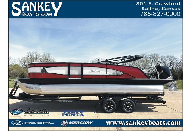 Barletta Lusso 23UC 2025 Barletta Lusso 23UC pontoon boat on trailer, displayed by Sankey Boats, Salina, Kansas.