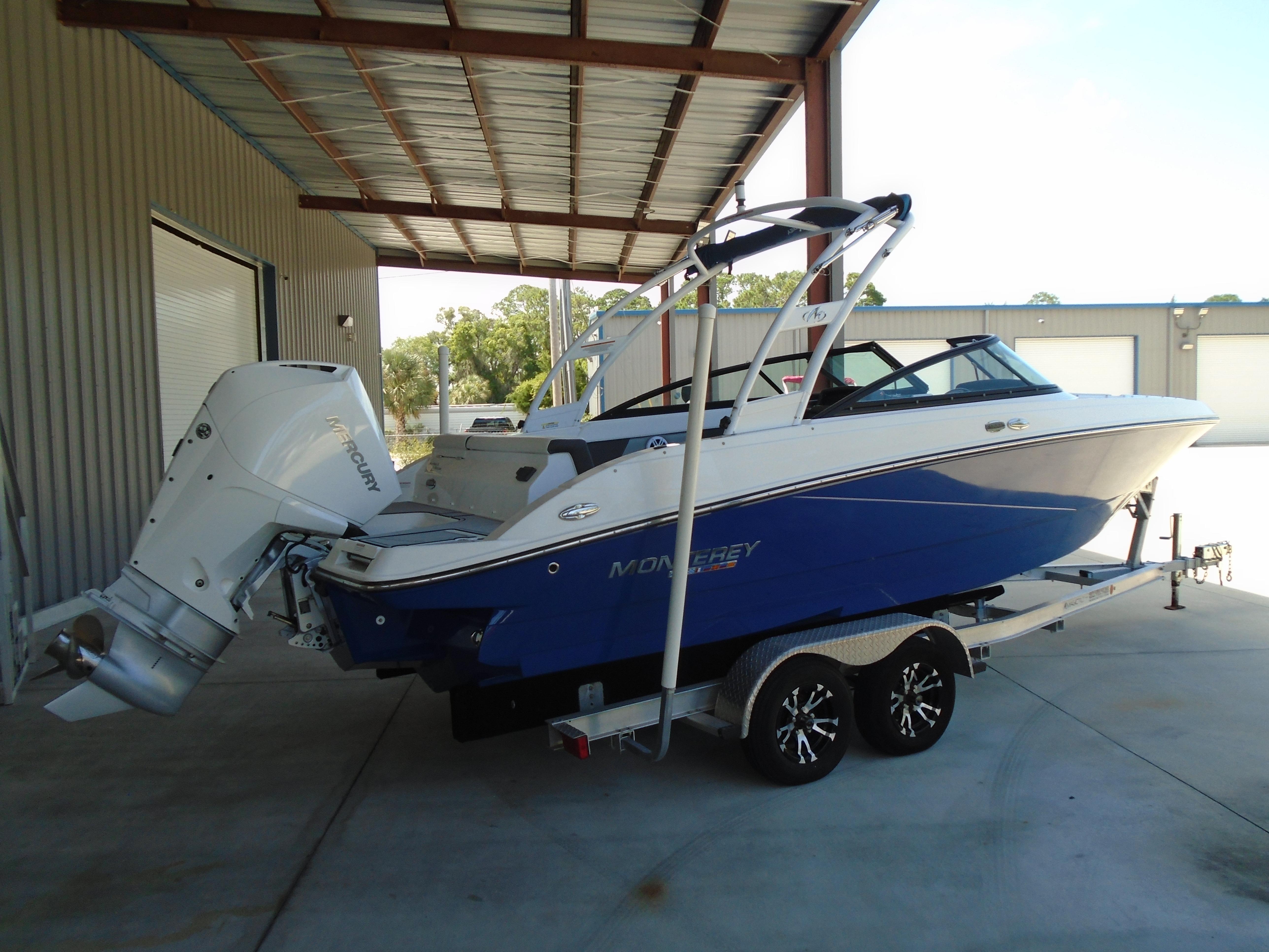 Monterey M225 2023 Monterey M225 boat on trailer under a metal roof.