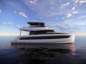 YOT 53 Futuristic YOT 53 yacht on calm sea under a vibrant sky, 2025 model.