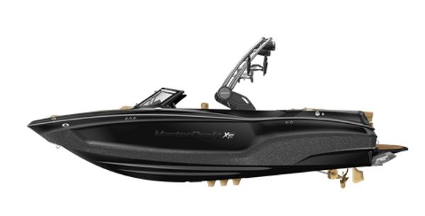 MasterCraft XT22 2025 MasterCraft XT22 boat, sleek black design, side view, modern wakeboard tower.