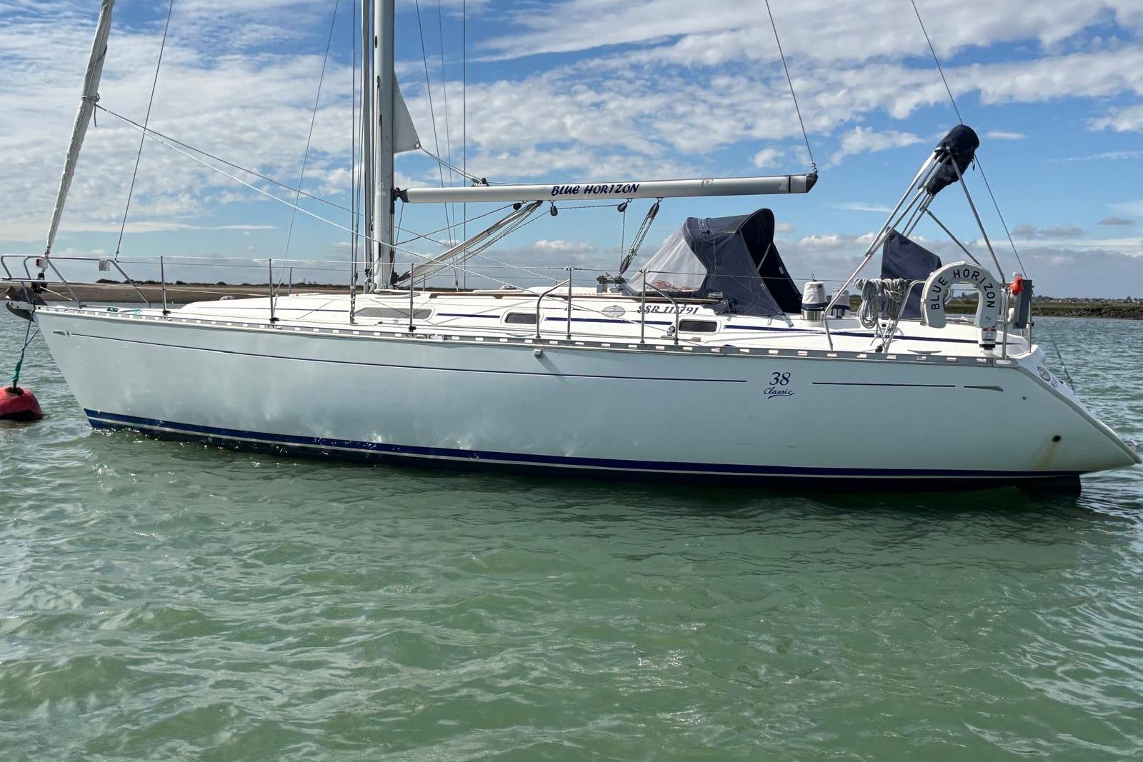 Dufour 38 Classic Grande Cruiser 2002 Dufour 38 Classic Grande Cruiser sailboat on calm water under blue sky.