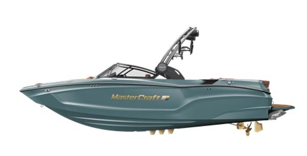 MasterCraft XT22 2025 MasterCraft XT22 boat, sleek design, side view, teal color, modern wakeboard tower.