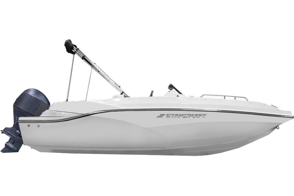 Starcraft SVX 211 OB CC 2026 Starcraft SVX 211 OB CC boat, side view, white hull, outboard motor.