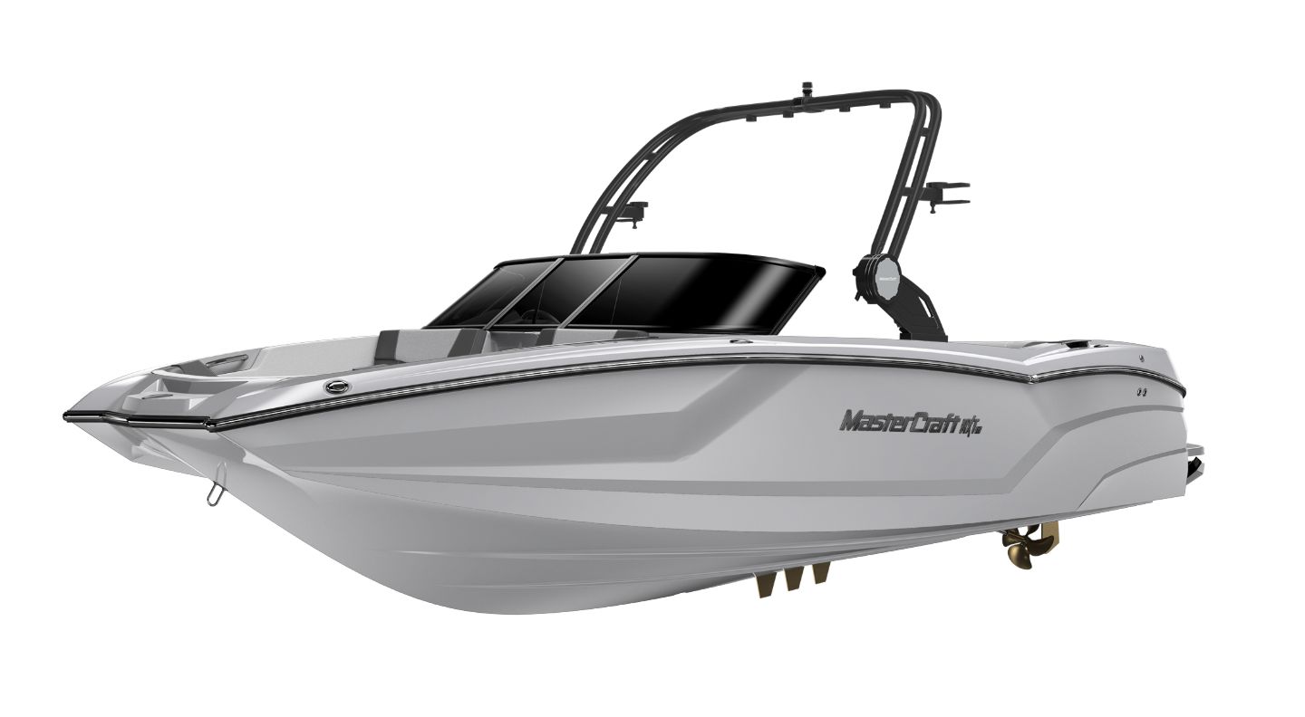 MasterCraft 24 NXT 2025 MasterCraft 24 NXT boat, sleek design, white hull, black accents, modern wakeboard tower.