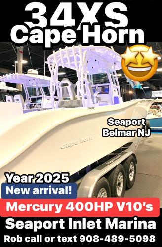 Cape Horn 34 XS 2025 Cape Horn 34 XS boat at Seaport Inlet Marina, featuring Mercury 400HP V10 engines.
