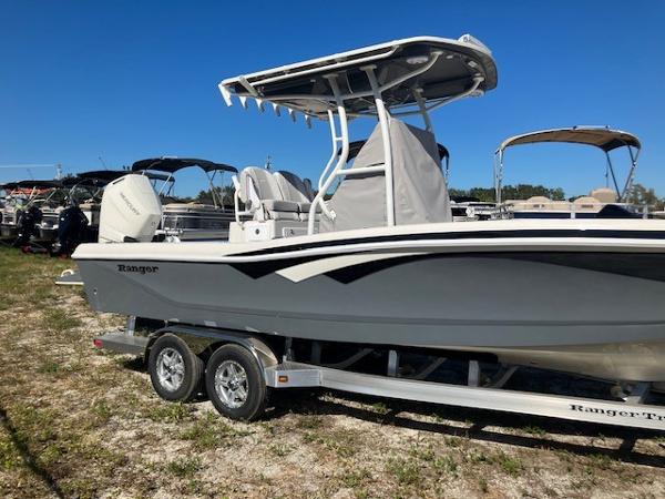 Ranger 2660 Bay 2024 Ranger 2660 Bay boat on a trailer in a marina.