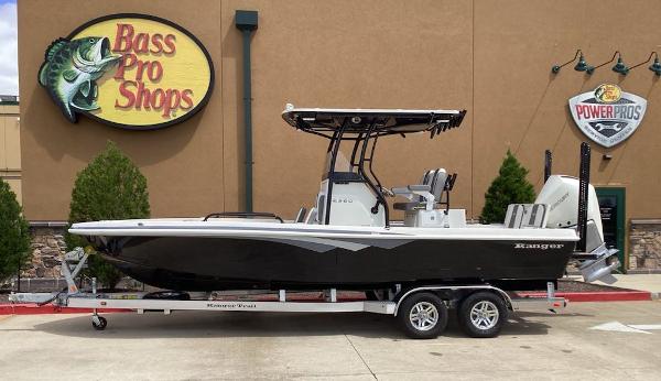 Ranger 2360 Bay 2025 Ranger 2360 Bay boat on trailer outside Bass Pro Shops.