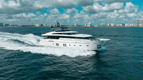 Sanlorenzo SL106 Sanlorenzo SL106 yacht cruising on open water, 2018 model, under a partly cloudy sky.