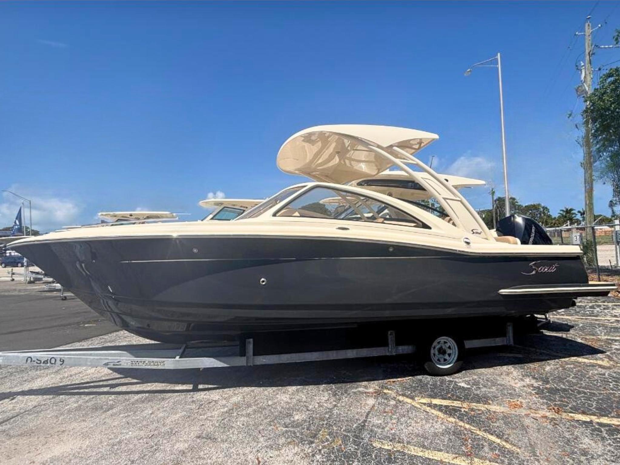 Scout 240 Dorado 2024 Scout 240 Dorado boat on trailer under clear blue sky.