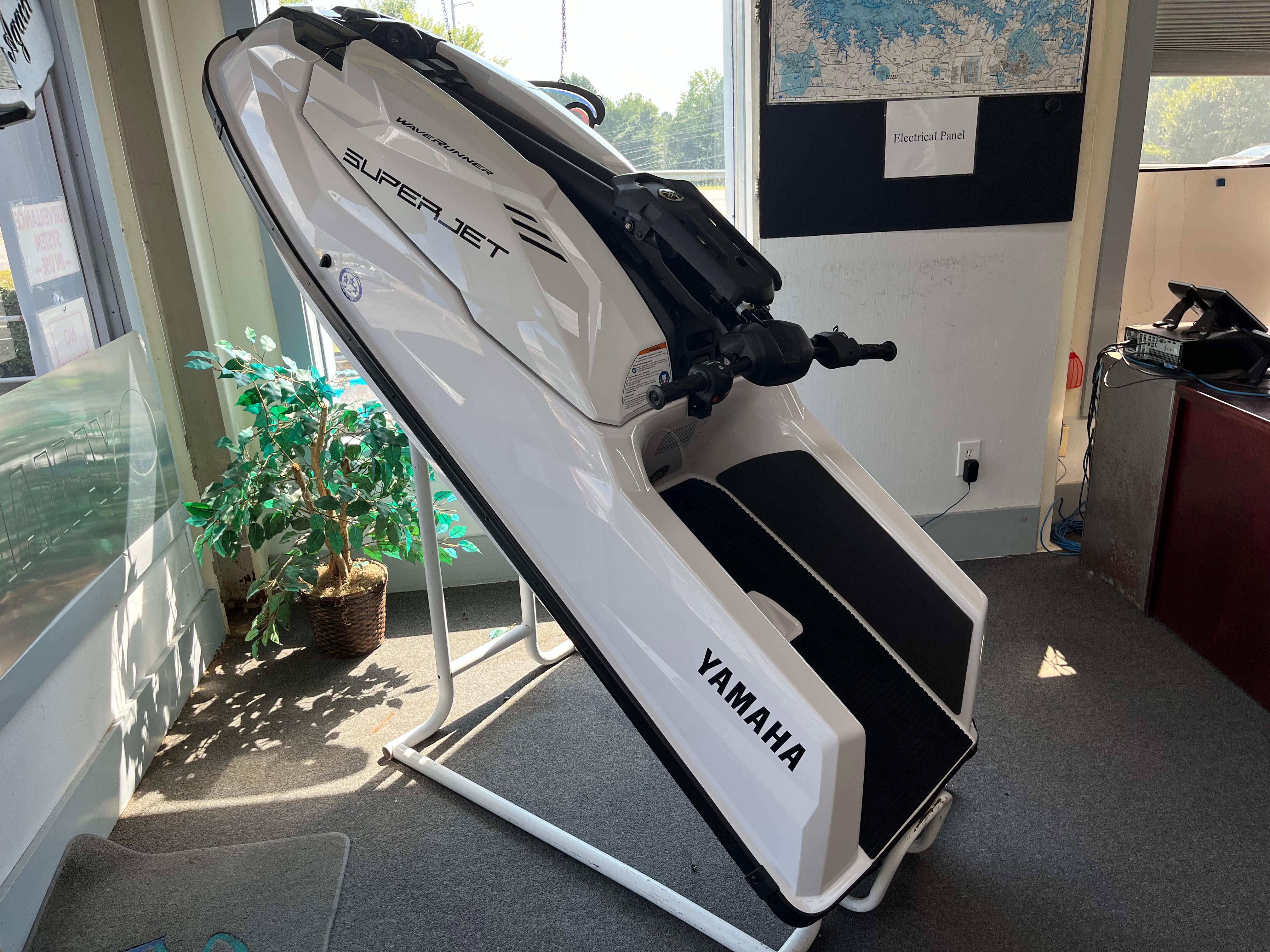 Yamaha WaveRunner SuperJet 2025 Yamaha WaveRunner SuperJet displayed indoors on a stand.