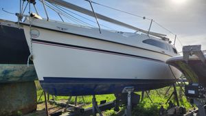 Hunter Legend 26 1996 Hunter Legend 26 sailboat on stands, side view, outdoors.