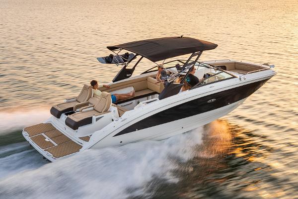 Sea Ray SDX 290 Manufacturer Provided Image: 2025 Sea Ray SDX 290 cruising on water at sunset, featuring sleek design and spacious seating.