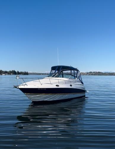 Cruisers Express Motoryacht 2004 Cruisers Express boat on calm water under clear blue sky.