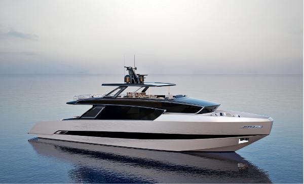 ISA Viper 100 Futuristic 2027 ISA Viper 100 yacht on calm ocean waters.