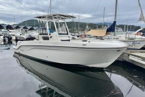Trophy T24 CC 2025 Trophy T24 CC boat docked in a marina, surrounded by other vessels.