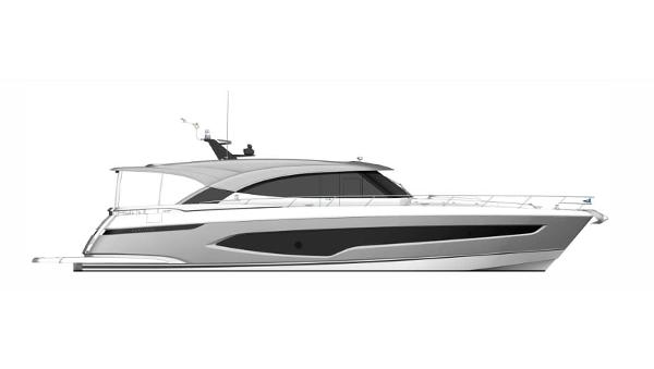 Riviera 6800 Sport Yacht Platinum Edition 2026 Riviera 6800 Sport Yacht Platinum Edition, sleek design, side view.