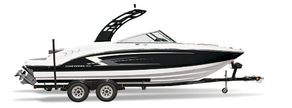 Chaparral 23 SSi 2025 Chaparral 23 SSi boat on trailer, sleek black and white design.