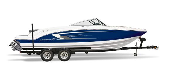 Chaparral 23 SSi 2025 Chaparral 23 SSi boat on trailer, side view, blue and white design.