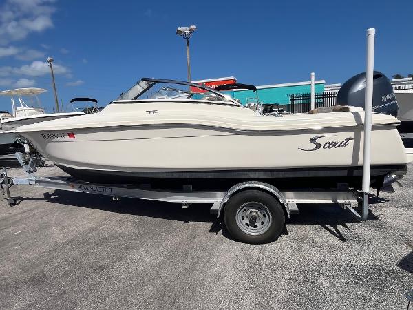 Scout 210 Dorado 2018 Scout 210 Dorado boat on trailer under clear blue sky.