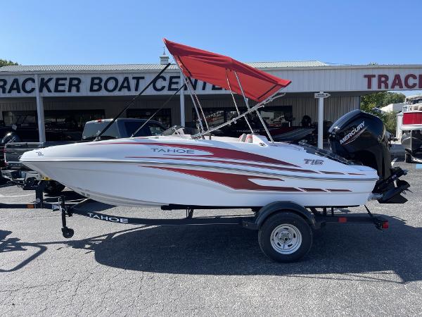 Tahoe T16 2024 Tahoe T16 boat with red canopy at Tracker Boat Center.