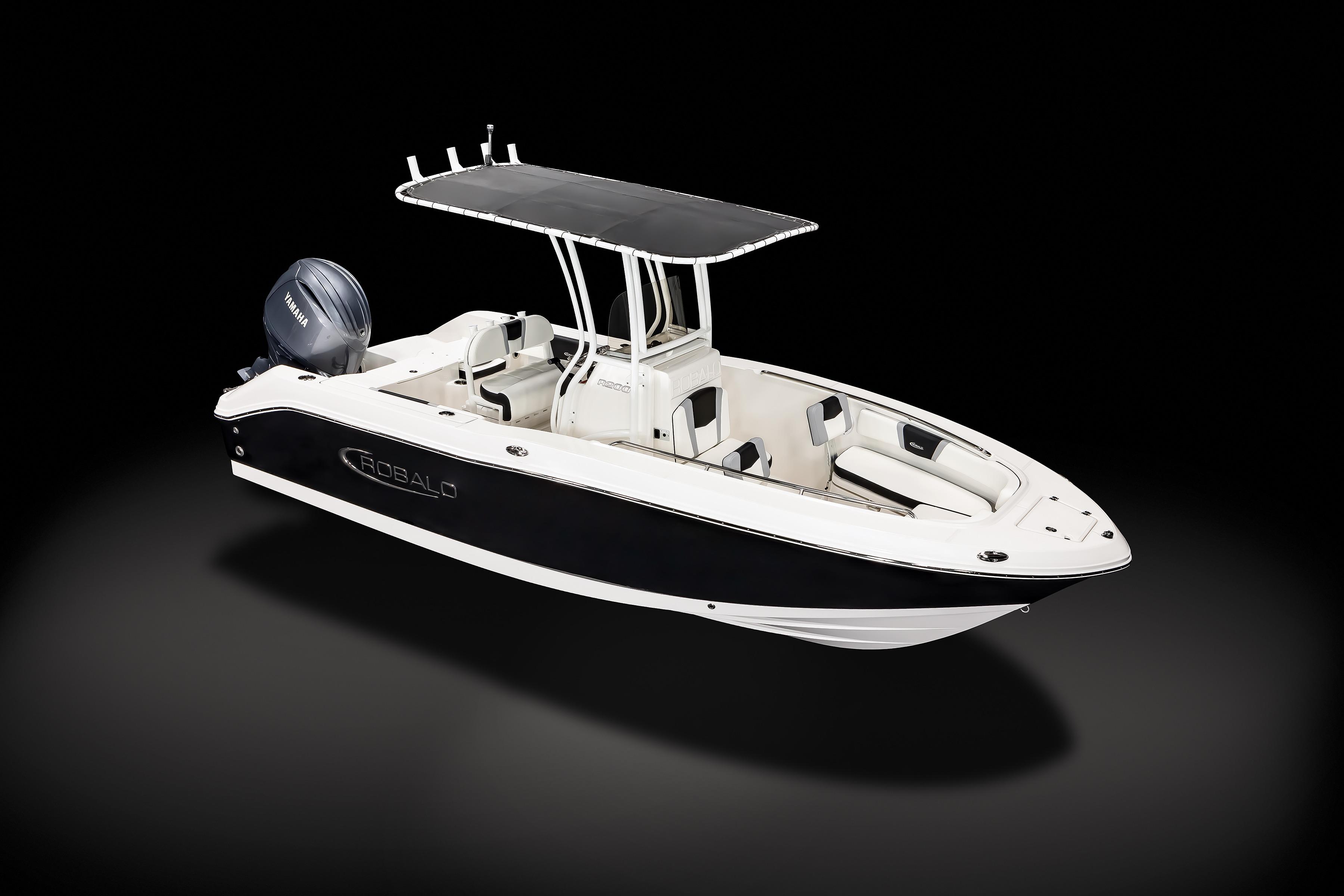 Robalo R200 Center Console 2026 Robalo R200 Center Console boat with Yamaha engine, sleek design, black and white color scheme.