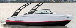 Regal LS2 Surf 2025 Regal LS2 Surf boat on calm water, featuring sleek design and modern architecture.