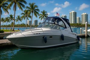 Sea Ray 290 Sundancer 2007 Sea Ray 290 Sundancer boat docked in a tropical marina with palm trees and skyscrapers.