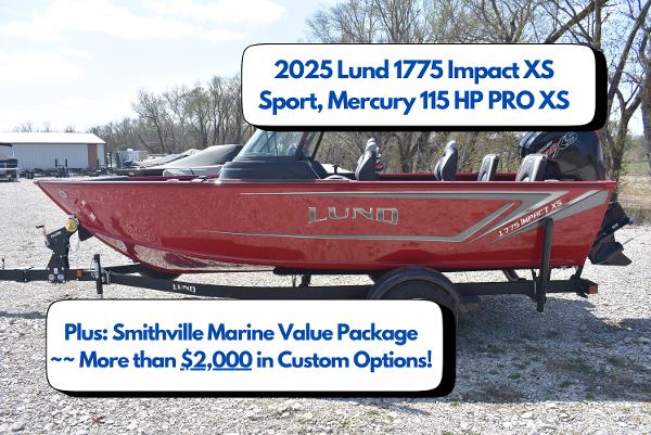 Lund 1775 Impact XS Sport 2025 Lund 1775 Impact XS Sport boat with Mercury 115 HP PRO XS engine, red color.