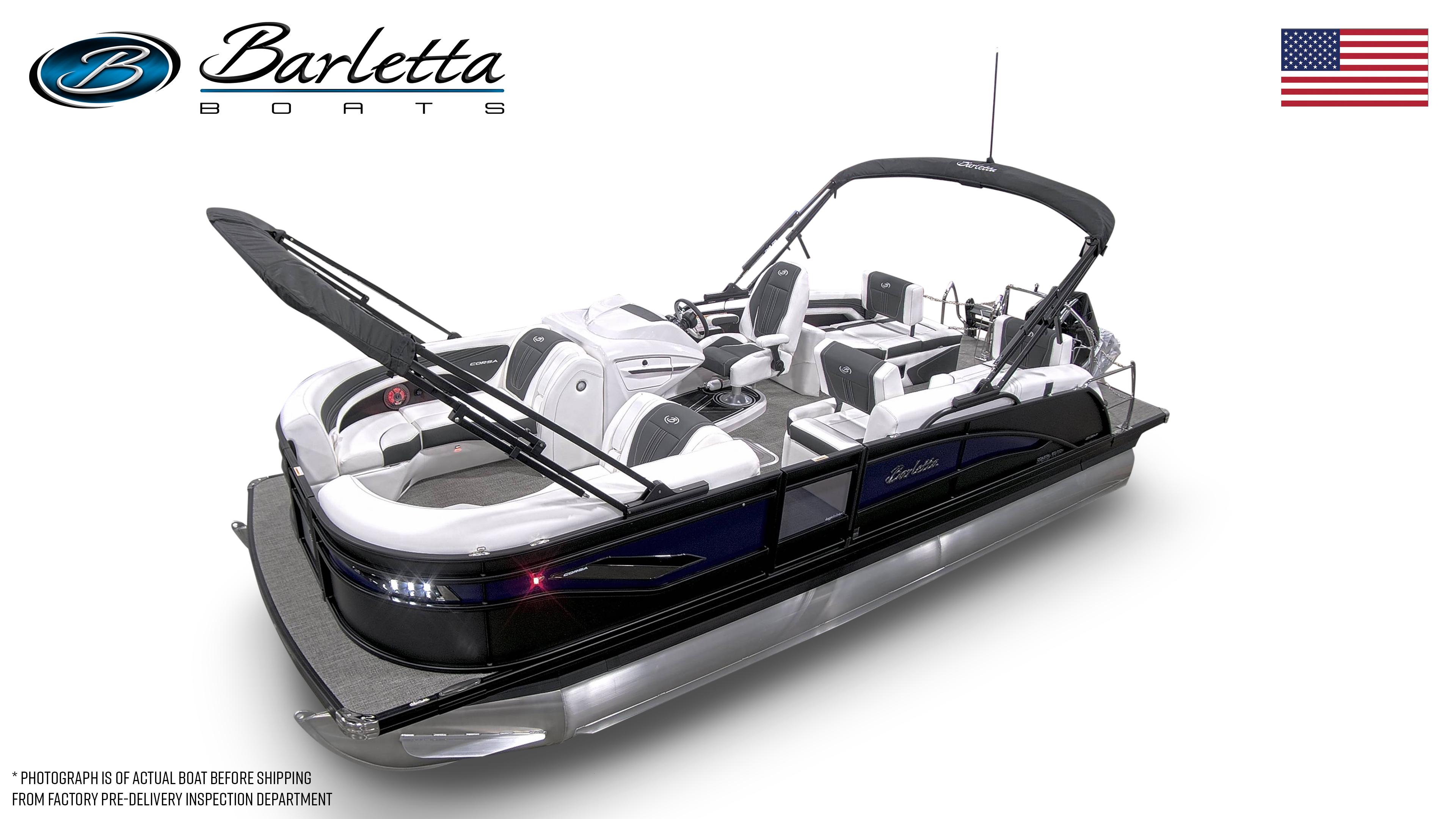 Barletta Corsa 2026 Barletta Corsa pontoon boat with sleek design and spacious seating.