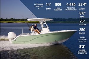 Sea Fox 228 Commander 2026 Sea Fox 228 Commander boat cruising on water, featuring specs like passenger capacity and engine power.