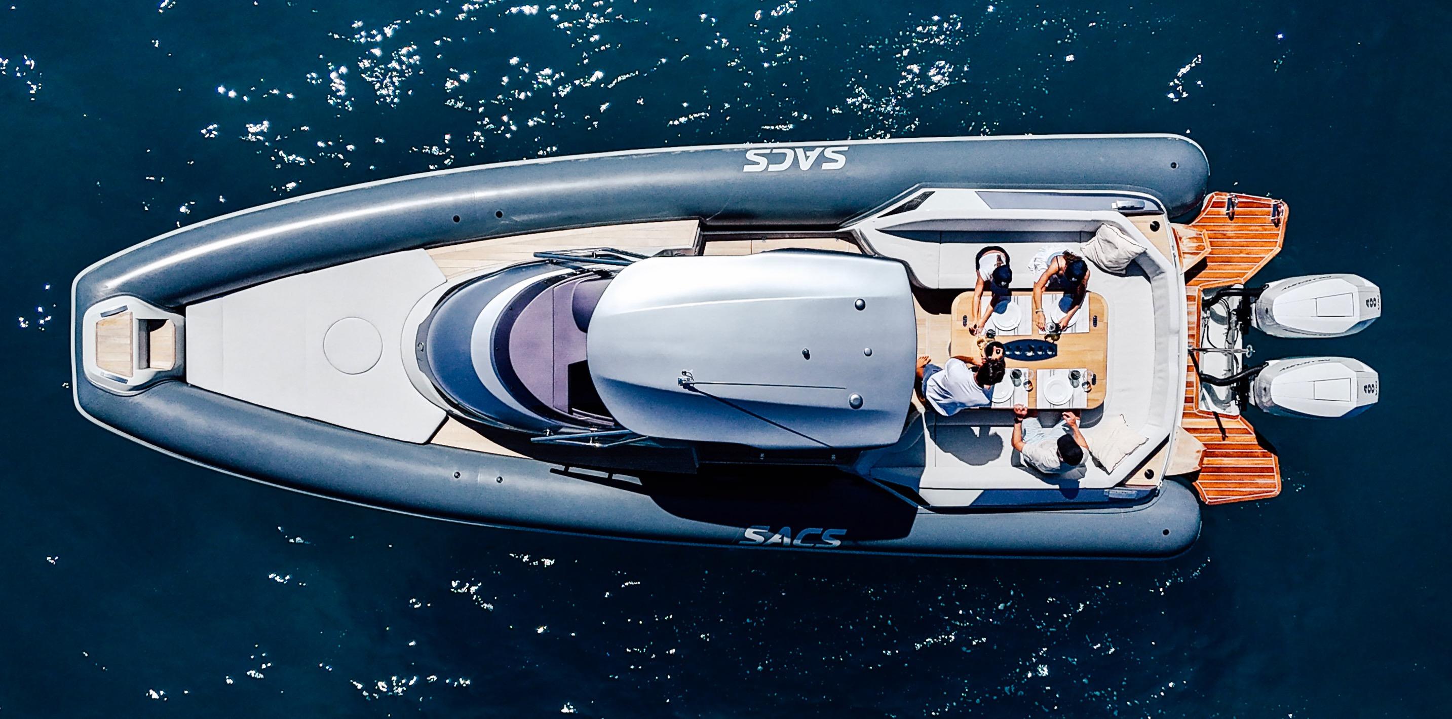 SACS STRIDER 11 OPEN BACK Aerial view of 2025 SACS STRIDER 11 OPEN BACK luxury boat on water.