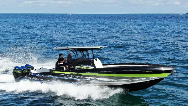 Statement 350 Open 2024 Statement 350 Open speedboat cruising on open water.