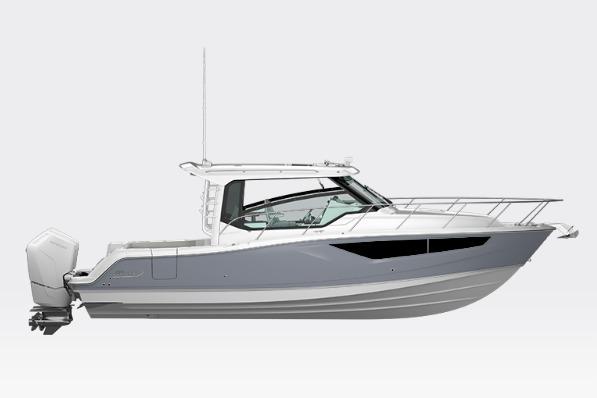 Boston Whaler 365 Conquest 2026 Boston Whaler 365 Conquest boat, side view, sleek design, gray and white color scheme.