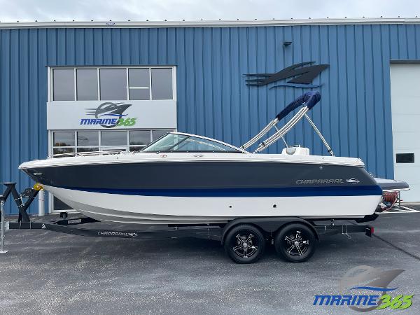 Chaparral 247 SSX 2024 Chaparral 247 SSX boat on trailer outside Marine365 building.