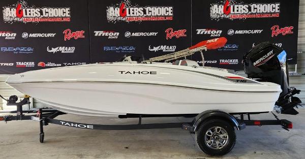 Tahoe T16 2025 Tahoe T16 boat on trailer at Angler's Choice event.