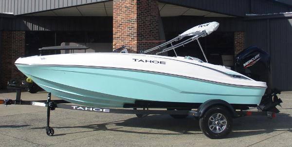 Tahoe T16 2025 Tahoe T16 boat with trailer, displayed outdoors.