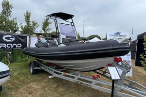 Grand Drive 600 Lux 2025 Grand Drive 600 Lux inflatable boat on trailer at outdoor display.